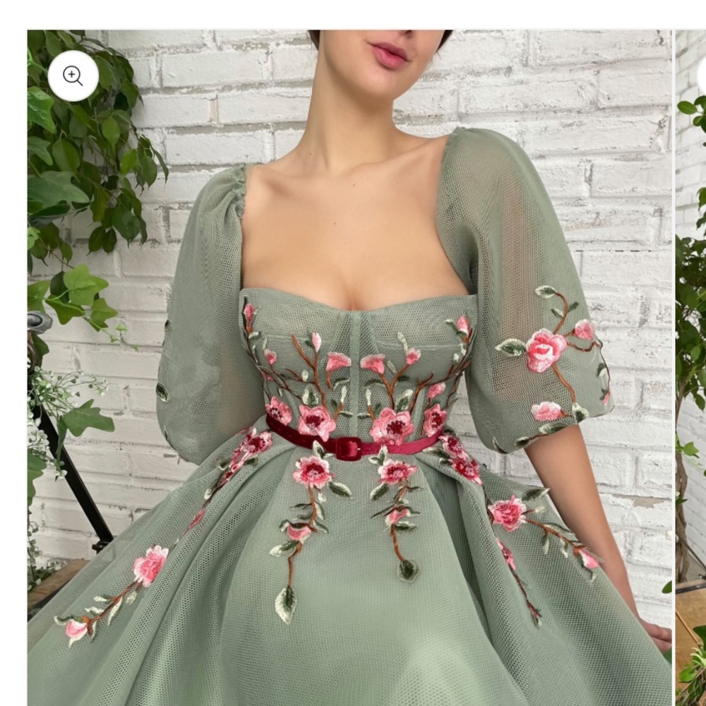Teuta Matoshi Sage Green Maxi Dress with Pink Floral Embroidery - Picture 8 of 12
